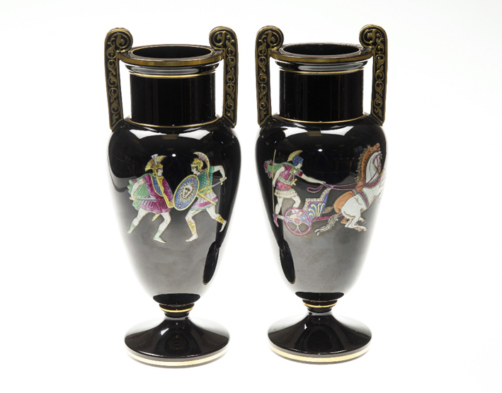 A PAIR OF 19th CENTURY CONTINENTAL BLACK GLASS VASES, of amphora form, each with gilt highlighting