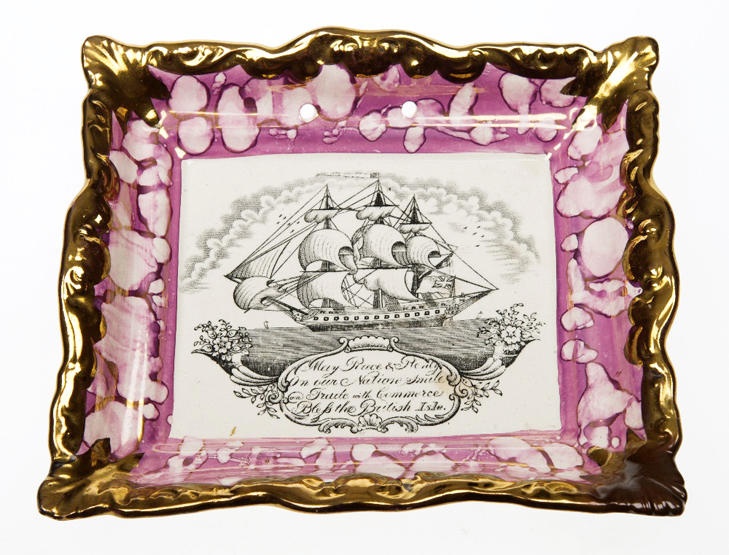 A 19th CENTURY SUNDERLAND LUSTRE WALL PLAQUE, of rectangular form, printed with a sailing ship and