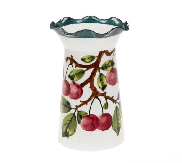 A 20th CENTURY WEMYSS POTTERY VASE, in the Wild Cherry pattern, of tapering cylindrical form with