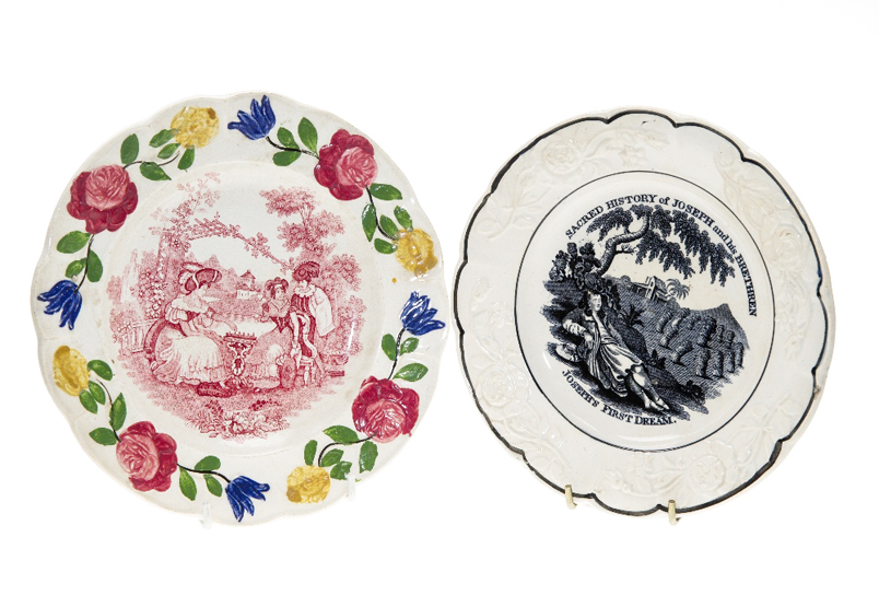 TWO 19th CENTURY TRANSFER PRINTED PLATES, one depicting Joseph’s Dream, the other Ladies Playing