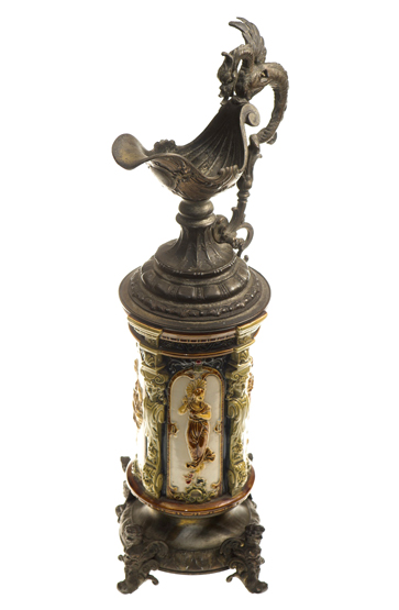 A 19th CENTURY GERMAN SALTGLAZED AND PEWTER MOUNTED DECORATIVE EWER, the top with scroll