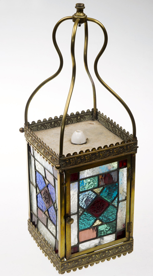 A 19th CENTURY BRASS AND LEADED COLOURED GLASS HALL LANTERN, of rectangular form, height to the