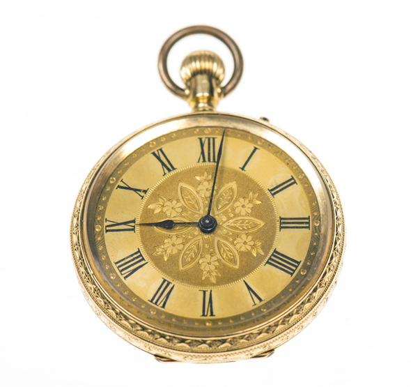 A LADY’S 18ct GOLD OPEN FACE FOB WATCH, the case marked “18k”, scroll and foliate-engraved, with a