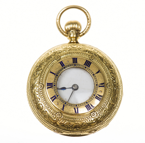 A GEORGE V 18ct GOLD LADY’S HALF HUNTER FOB WATCH, the case marked for London 1932, the white enamel