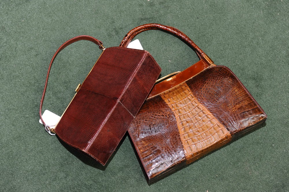 A vintage crocodile skin handbag, tog. with a lizard skin handbag