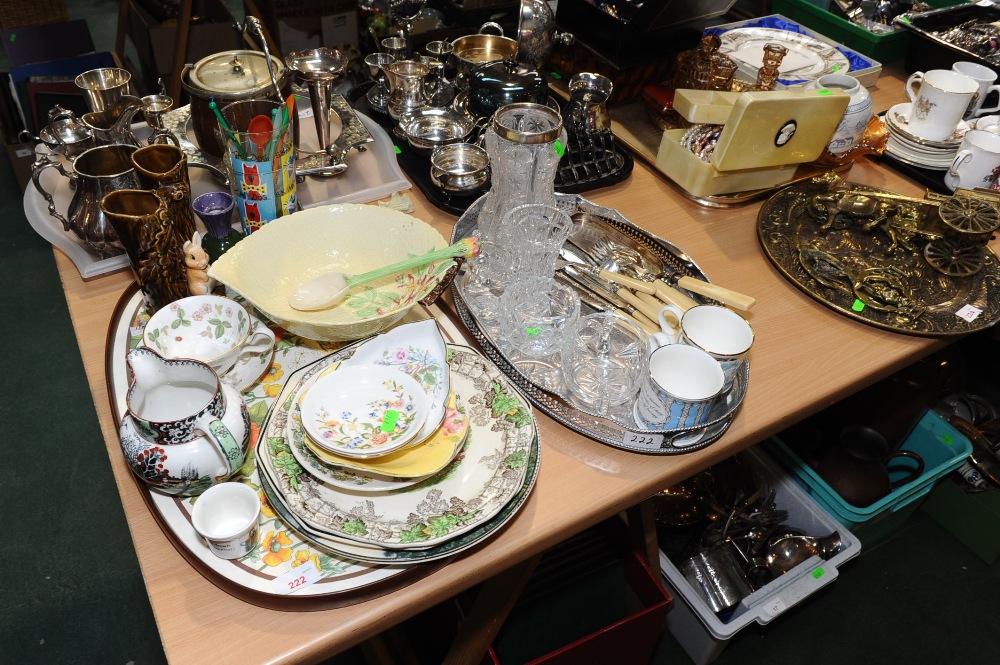 Two trays inc. a Carlton Ware leaf dish and spoon, Copeland Spode plate, Sylvac, Fawn Ware vase,