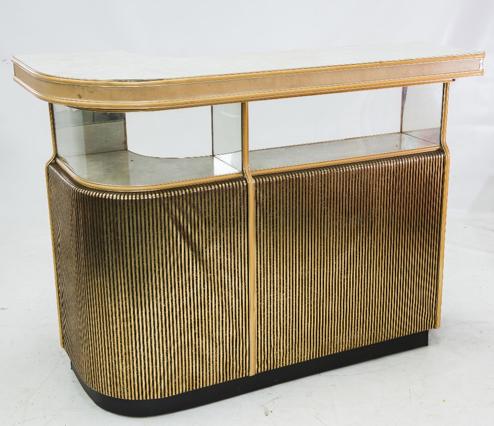 A 1950`s curved bar with melamine top and glazed panels, with gilt stripe decoration.