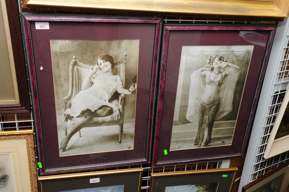 A pair of saucy photographic prints of Art Nouveau Parisian beauties, framed