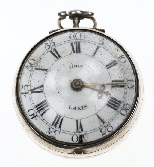 A GEORGE II SILVER PAIR CASED VERGE POCKET WATCH, the white enamel dial signed John Lakin, the fusee