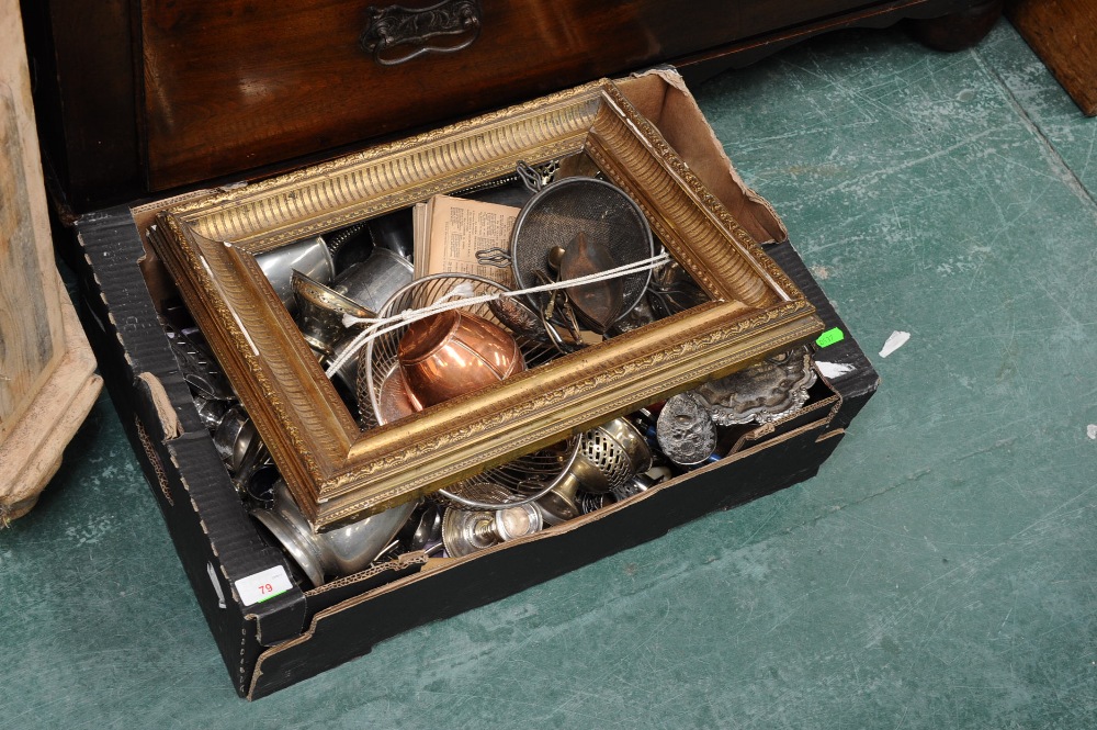 A box containing a quantity of silverplate inc. bud vases, candelabra, tankards, chamber stick etc.