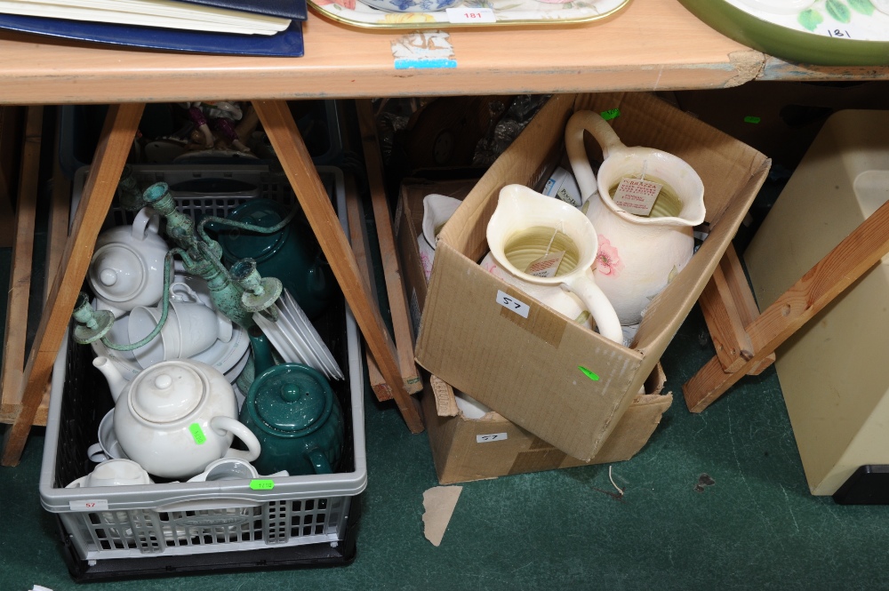 Three boxes inc. decorative terracotta jugs, teapots etc