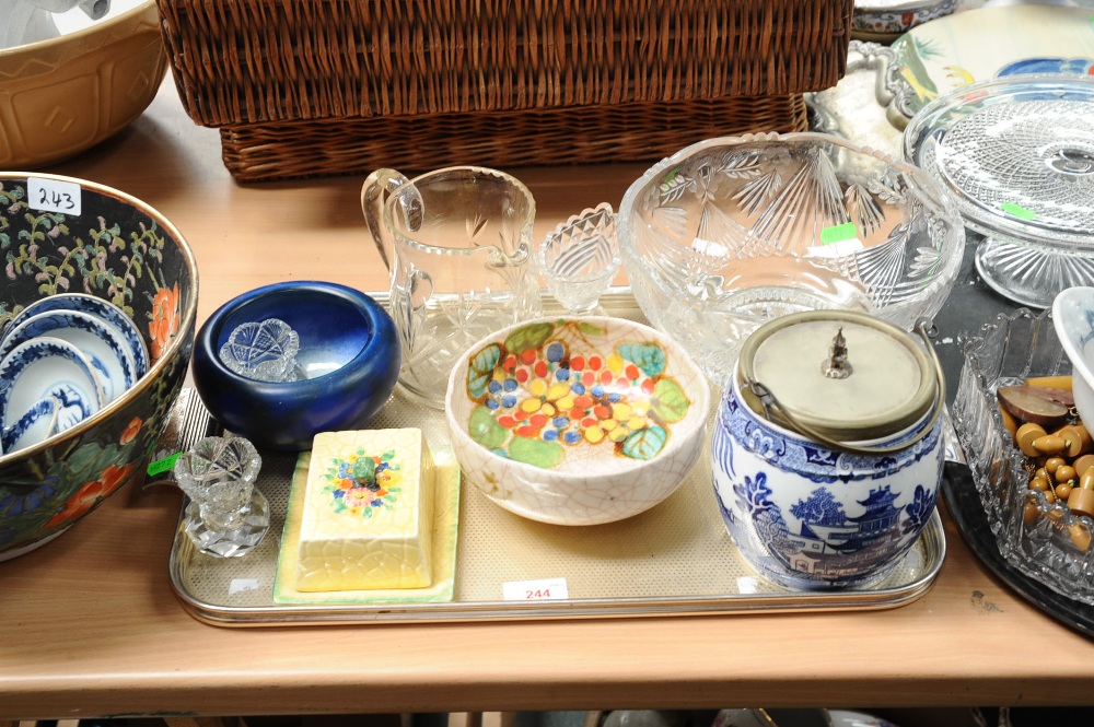 A tray inc. blue and white biscuit barrel, cut glass bowl, Crown Devon butter dish etc, tog. with