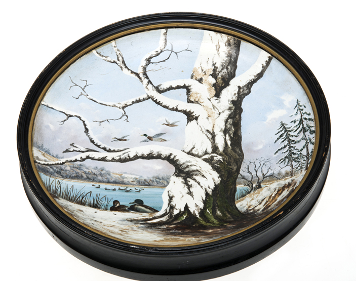 A 19th CENTURY BALLEROY, LIMOGES, HOME-PAINTED CHARGER, WILD DUCKS IN A WINTER LANDSCAPE, with