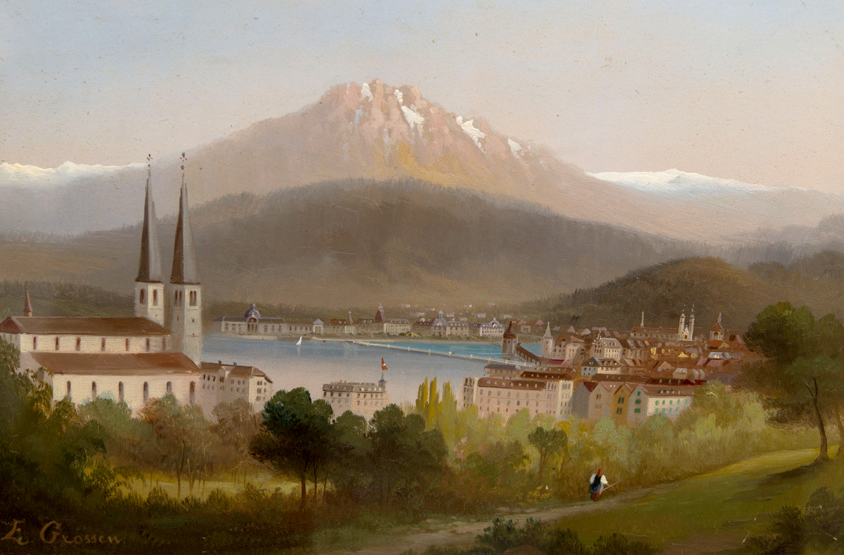 HUBERT SATTLER (1817-1904), A SWISS LAKESIDE TOWN, signed E. Grossen, oil on board, in a gilt