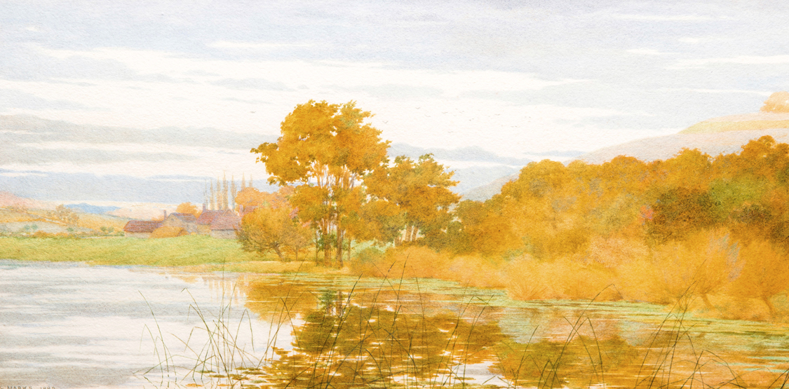 GEORGE MARKS (1876-1930), AUTUMNAL EVENING SOLITUDE, signed and dated 1882, watercolour. 23cm by