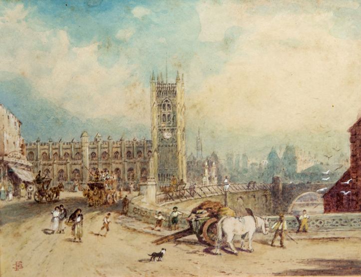 MYLES BIRKET FOSTER (1825-1899) VICTORIA STREET, MANCHESTER, watercolour, signed with monogram lower