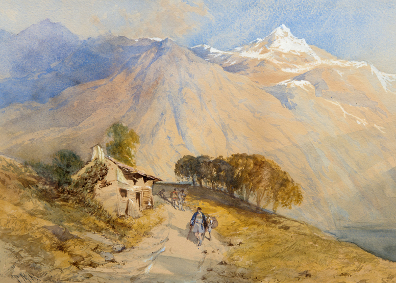 THOMAS MILES RICHARDSON (1813-1890) FIGURES WITH A DONKEY ON AN ALPINE PATH, SNOW CAPPED MOUNTAINS
