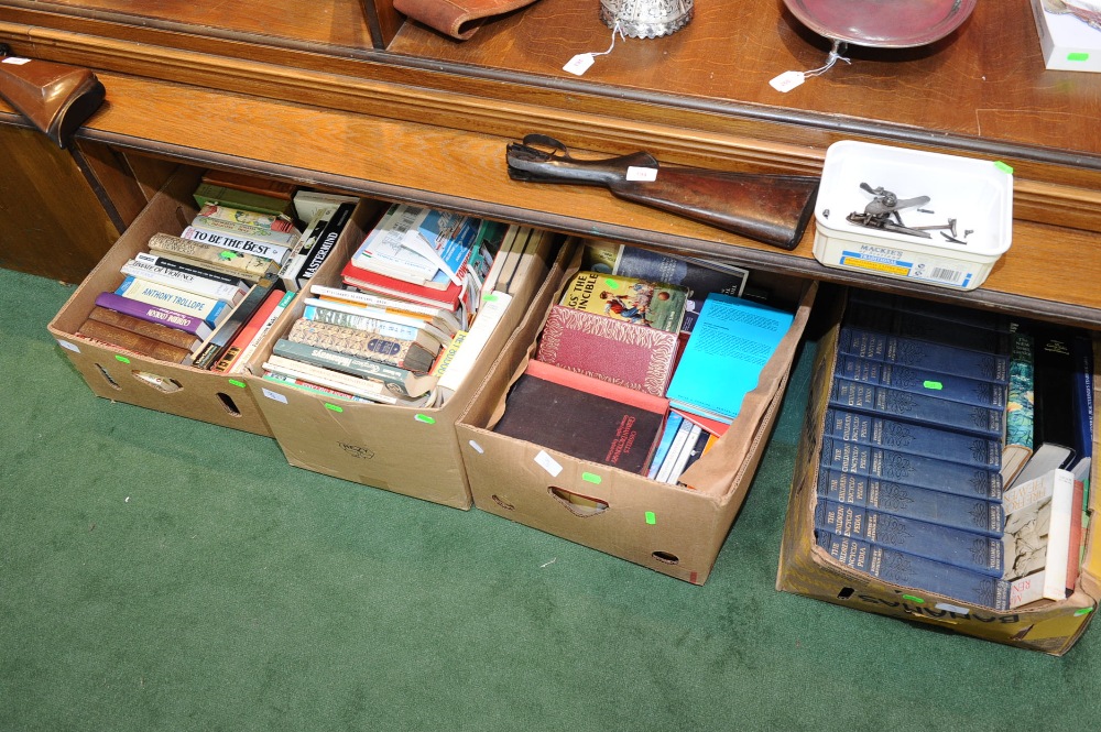 Four boxes of books inc. childrens` encyclopedia, novels etc.
