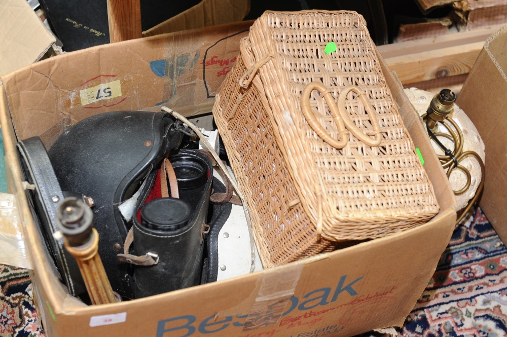 A box inc. wicker basket, golf balls, riding helmets, binoculars etc