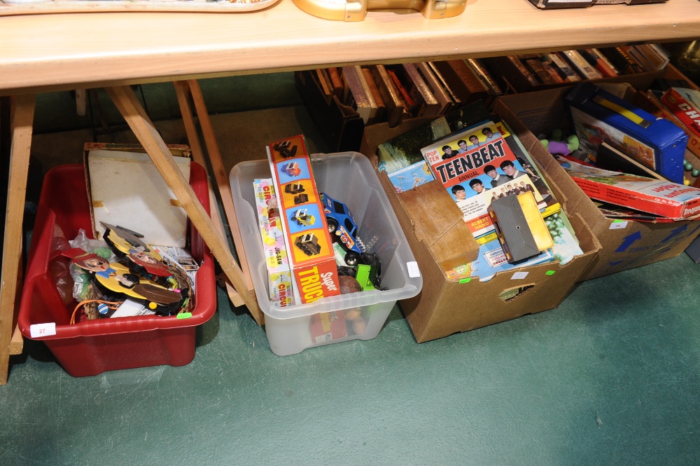 Three boxes of children`s toys inc. puzzles, toy vehicles etc.