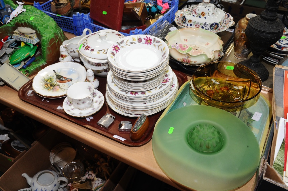 Two trays inc. a Burleighware part dinner service, 1930`s cloud glass rose bowl etc.