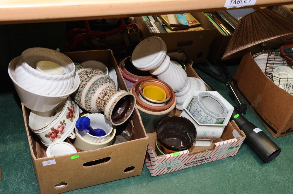 Two boxes inc. jardiniere on stand, stoneware and ceramic plant pots etc.