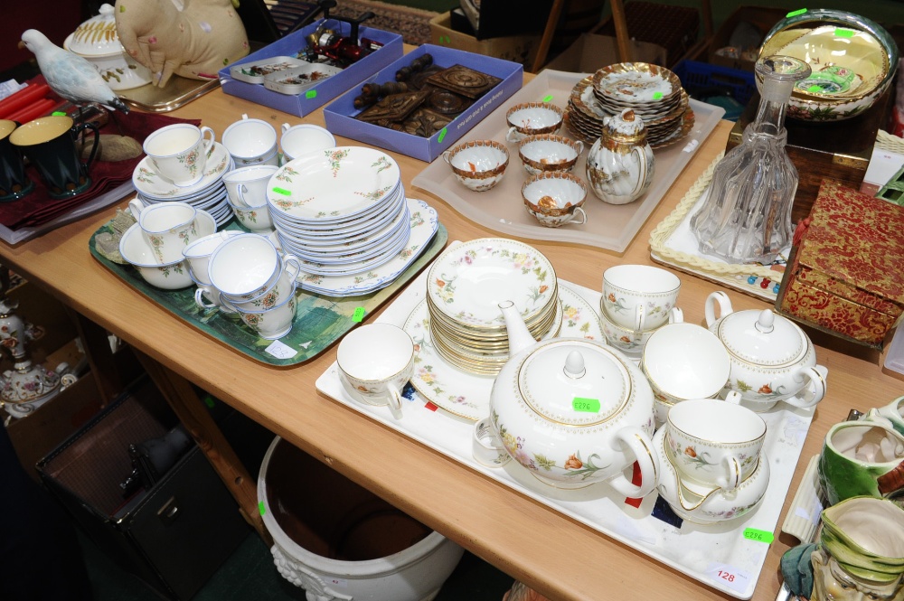 Two trays inc. a Wedgwood "Mirabelle" tea service, a hand painted tea service etc.