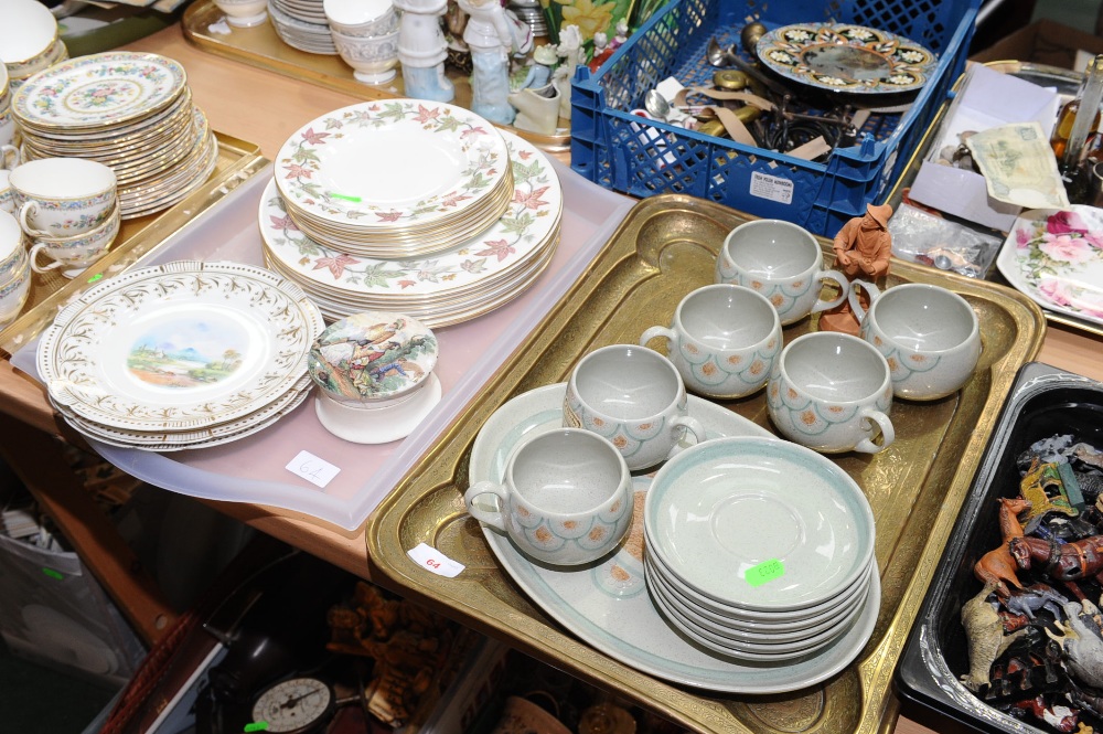 Two trays inc. a vintage Denby stoneware tea service, a Prattware pot and lid (a/f), 19th century