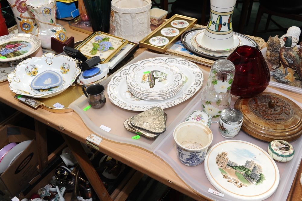 Three trays inc. a fish service, a quantity of costume jewellery, silver plated coasters, trinket