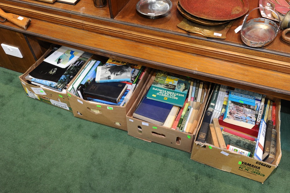 Four boxes of books inc. reference, novels etc.