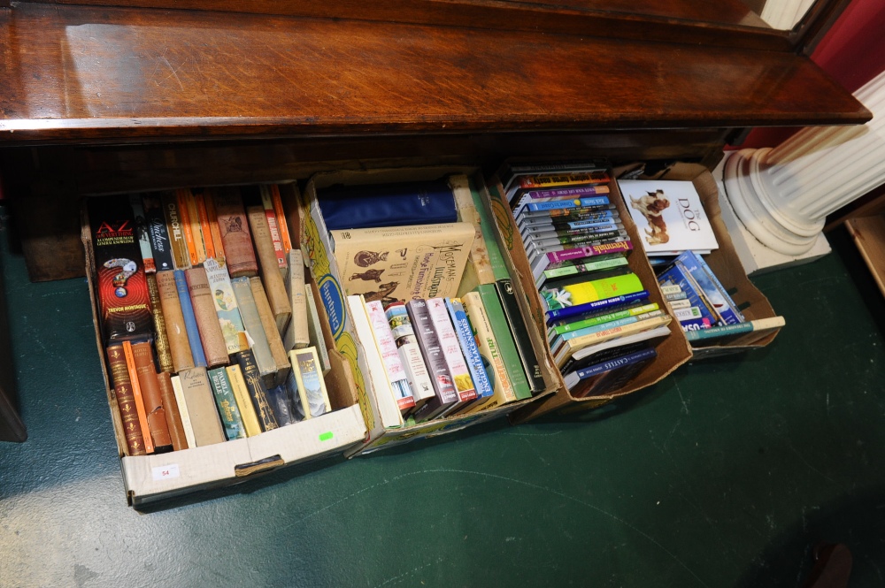 Four boxes of books inc. reference, dogs, novels etc.