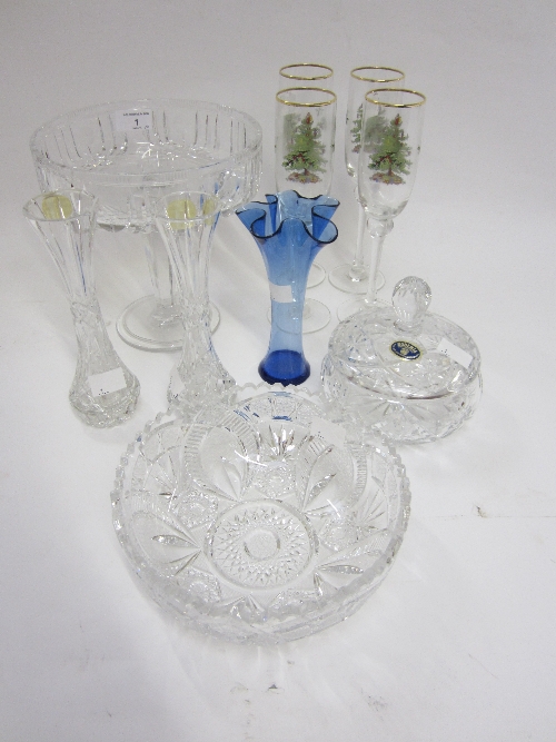 A BOHEMIAN CUT GLASS BOWL, a powder bowl and cover, three vases, a pedestal bowl and four