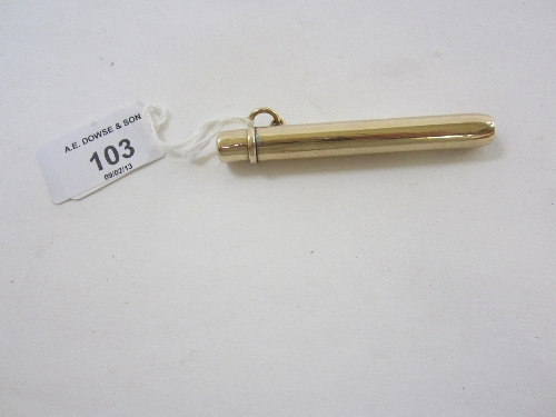 A 9CT. GOLD CASED PROPELLING PENCIL, plain near cylindrical form, 8cm.