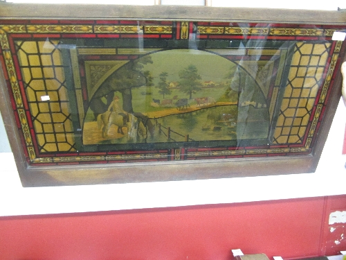 A VICTORIAN STYLE WINDOW PANEL, landscape scene, mahogany frame, 55x103cm.