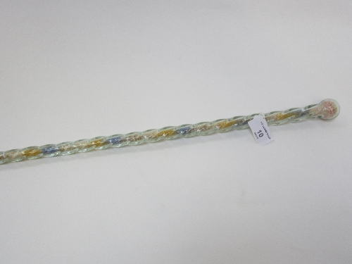 AN ORNAMENTAL GLASS CANE, spiral twist with coloured beads, 128cm.