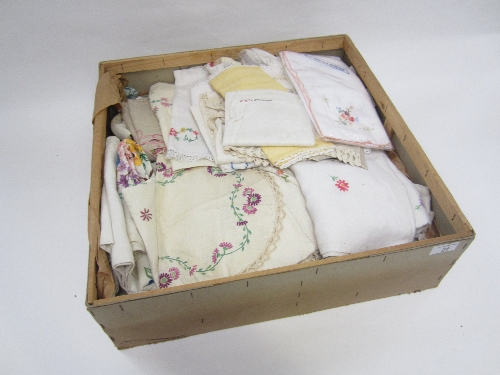 A COLLECTION OF EMBROIDERED TABLE LINEN, including tablecloths, tray cloths and napkins. (a box)