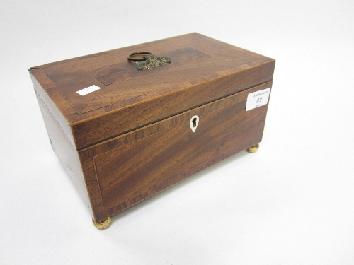 A GEORGE IV MAHOGANY WORK BOX, oblong form with banding and stringing, loose ring gilt metal handle,