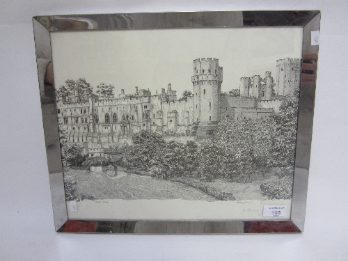 AFTER ANTHONY JOHN - Warwick Castle, signed, monochrome print, 32x39cm.