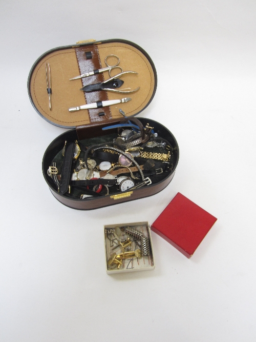 WRISTWATCHES, cufflinks and other items, in a leather box.