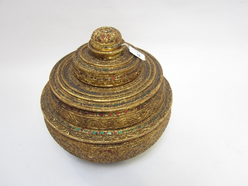 A BURMESE LACQUER THREE TIER BOX AND COVER, late 19th/20th century, of stepped globular form, with