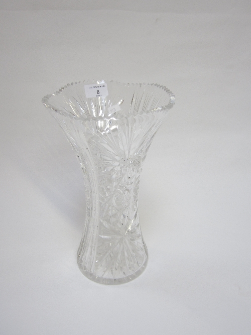 A LARGE CUT GLASS VASE, waisted form, dogtooth rim, 32cm.