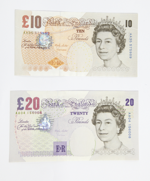 Lowther, £10 note, prefix AA35 & £20 note, prefix AA04, extremely fine (2)
