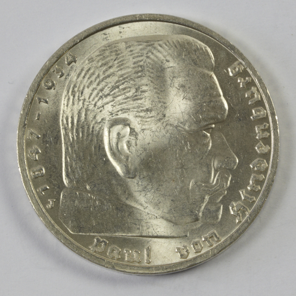 Germany, Third Reich, silver 5 reichsmarks, 1937 J, obv. Von Hindenburg, brilliant & almost