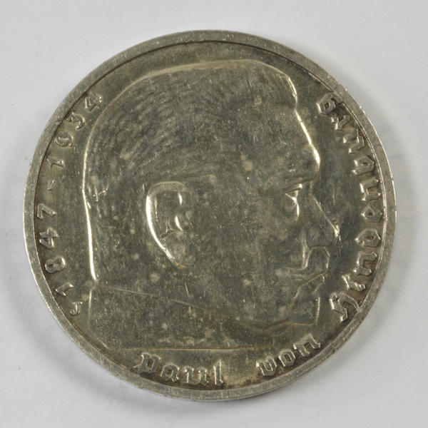 Germany, Third Reich, silver 5 reichsmarks, 1939 J, obv. Von Hindenburg, possibly lightly