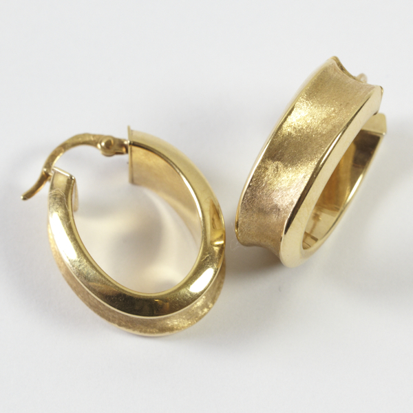 Pair of oval hoop earrings, approx. 24mm, 6mm wide with matt concave finish, bar & clip fittings,