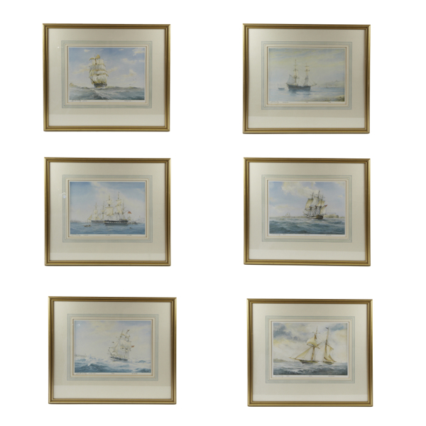 Set of signed prints by `C.W. Morsley`, "Split Wood", a Barque, Bamburgh Castle, "Morning Calm", a
