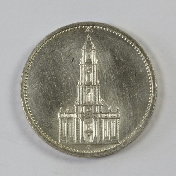 Germany, Third Reich, silver 5 reichsmarks, 1934 E, rev. Potsdam Garrison Church, a few minor