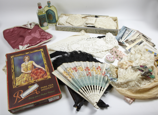 Misc. antique lace items, inc, bonnets, collars, gloves, antimacassars etc.,  fans (2), one of black
