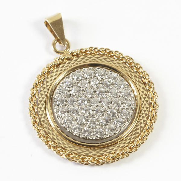 Stone set pendant, approx. 28mm diameter, centre cluster of thirty seven CZ`s set in white gold,