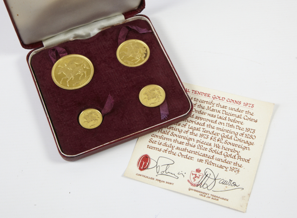 Isle of Man, gold proof coin set, 1973,  £5 down to half sovereign,  FDC, cased with certificate [